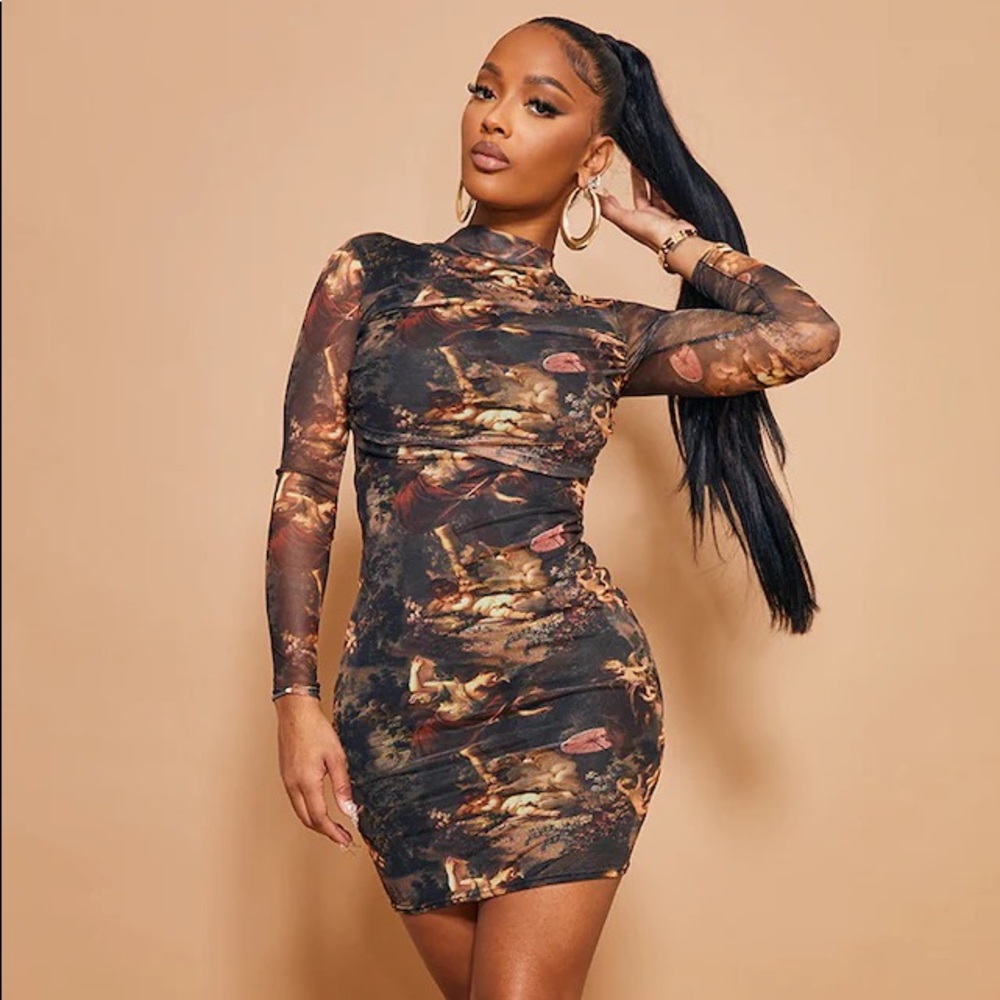shape renaissance print high neck mesh bodycon dress Pretty Little Thing size XS Profit_Drivers Renaissance: a Film By Color:FLIRTY-WOVLINEN Fully lined for a